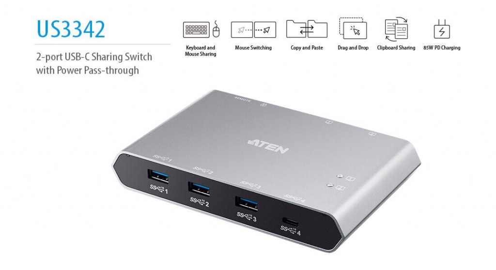 2-х портовый 10G USB-C Sharing Switch US3342 c Power Pass-through - Подключение